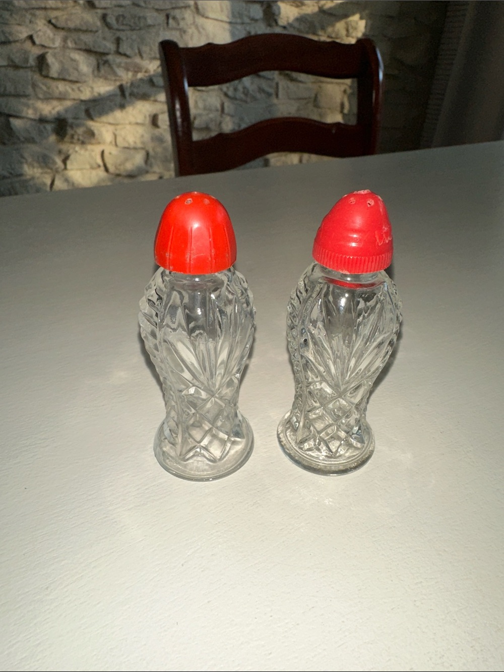 Clear Vintage Mid Century Pressed Glass Salt and Pepper Shakers with Red Caps